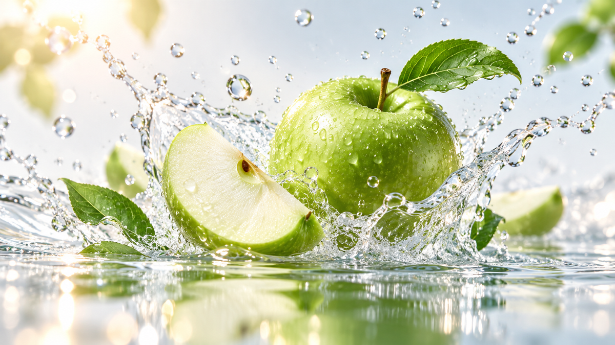 Fresh green apples and water in a refined hydration setting